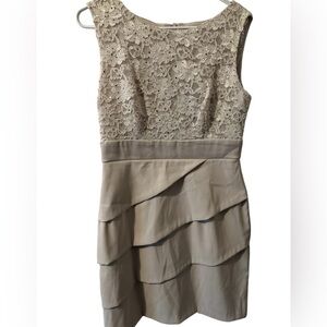 Connected Brand Champagne Colored Tier Dress With lace Gold Sequins 10 Petite